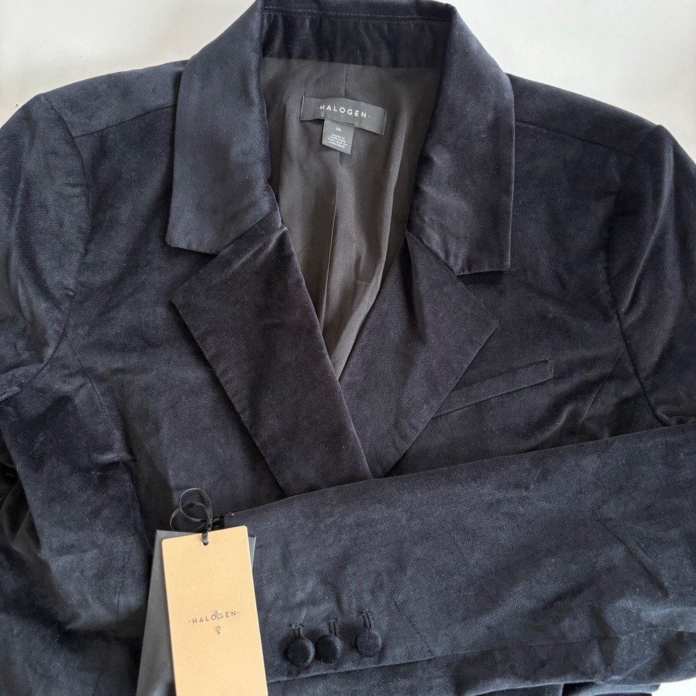 Halogen Women's Medium Black Double Breasted Velvet Blazer‎ Single Button Career